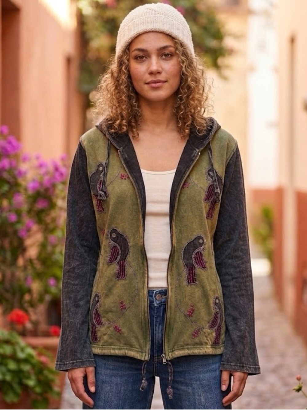 Kathmandu Olive Green & Charcoal jacket with appliqué and embroidered birds
